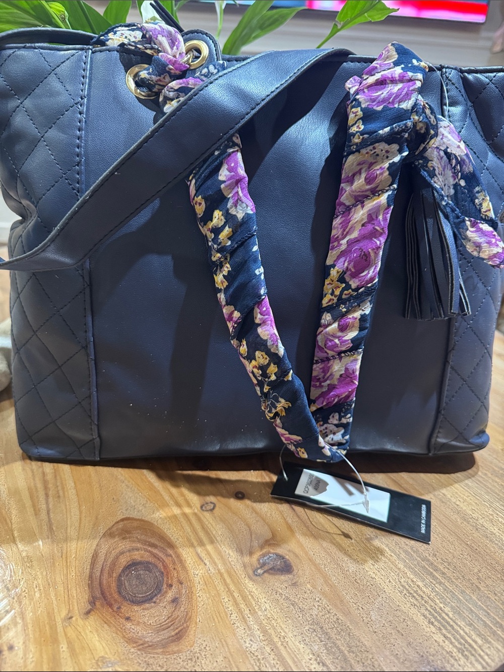 Quilted Navy Tote Bag with Floral Scarf Accent